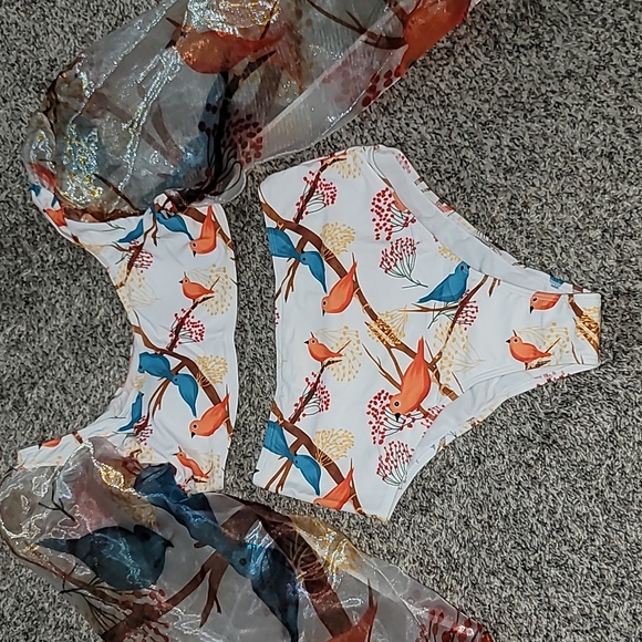 Hummingbird Sheer Chiffon Long Sleeve Bikini Swim Set - Picture 7 of 13